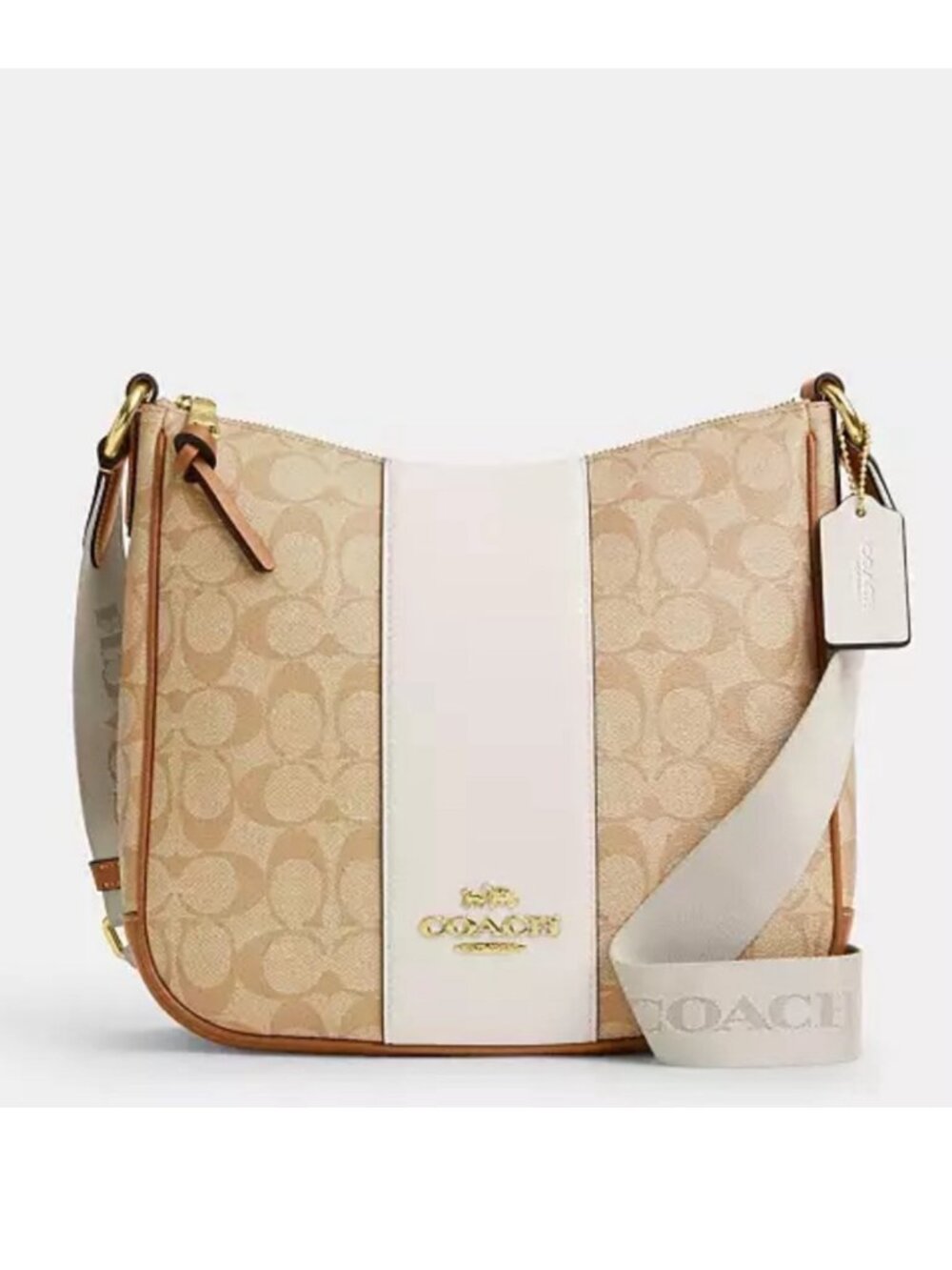 Coach Ellie File Beige Signature Stripe Hobo Messenger Crossbody Bag CR124